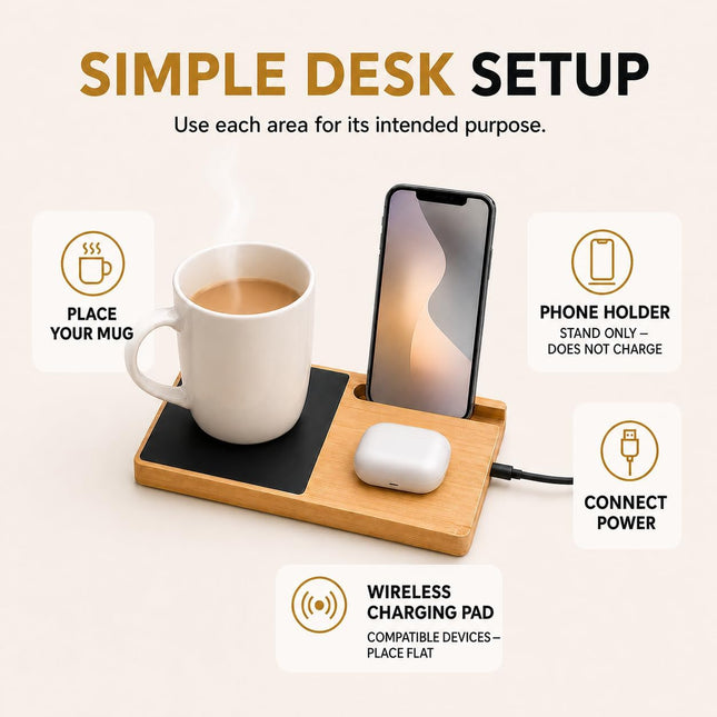 Bamboo Mug Warmer and Wireless Phone Charger, 2-in-1 USB-C Heated Beverage Coaster and Charging Pad for Home or Office Desk, Natural Finish