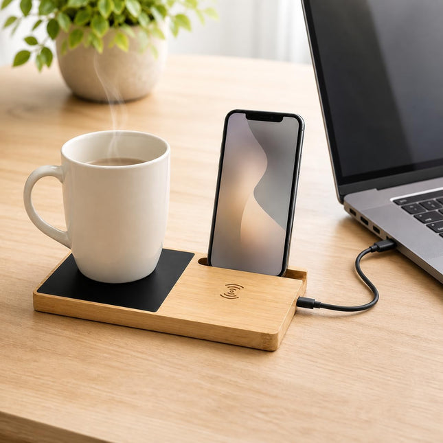 Bamboo Mug Warmer and Wireless Phone Charger, 2-in-1 USB-C Heated Beverage Coaster and Charging Pad for Home or Office Desk, Natural Finish
