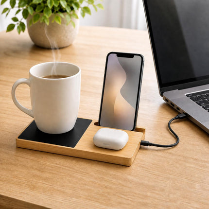 Bamboo Mug Warmer and Wireless Phone Charger, 2-in-1 USB-C Heated Beverage Coaster and Charging Pad for Home or Office Desk, Natural Finish