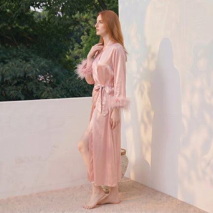 Women’s Feather-Trim V-Neck Long-Sleeve Robe