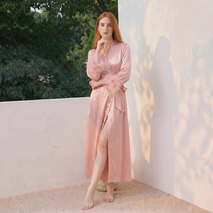 Women’s Feather-Trim V-Neck Long-Sleeve Robe