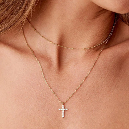Double-Layer Gold-Tone Zircon Cross Necklace