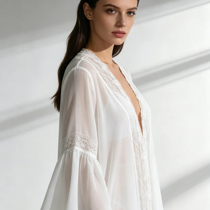 Women's Sheer Chiffon Lace-Trim Robe