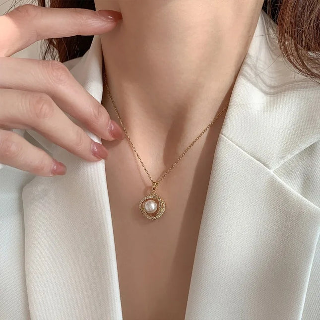 Gold-Tone Stainless Steel Faux Pearl Pendant Necklace