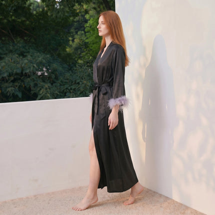 Women’s Feather-Trim V-Neck Long-Sleeve Robe