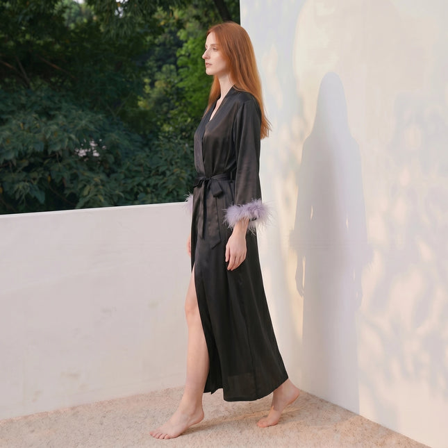 Women’s Feather-Trim V-Neck Long-Sleeve Robe