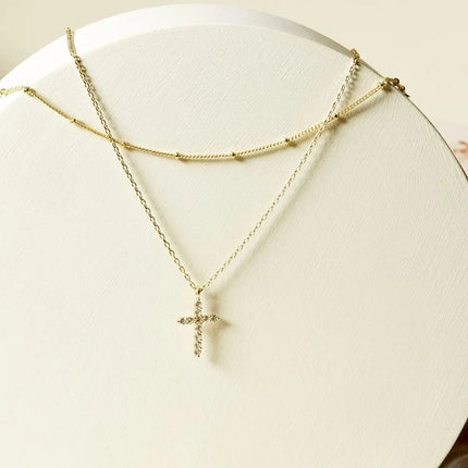 Double-Layer Gold-Tone Zircon Cross Necklace