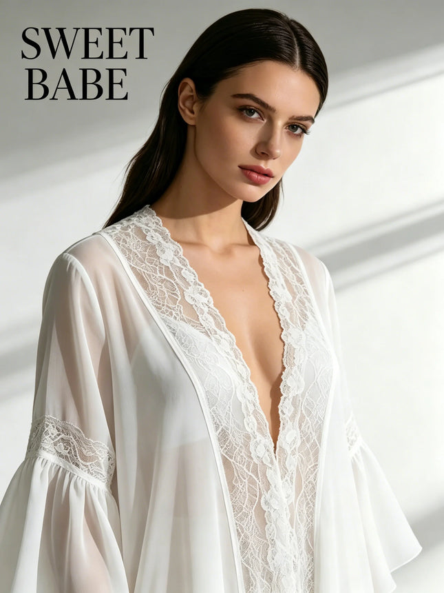 Women's Sheer Chiffon Lace-Trim Robe