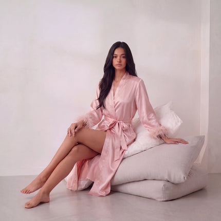 Women’s Feather-Trim V-Neck Robe with Elastic Waist