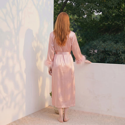 Women’s Feather-Trim V-Neck Long-Sleeve Robe