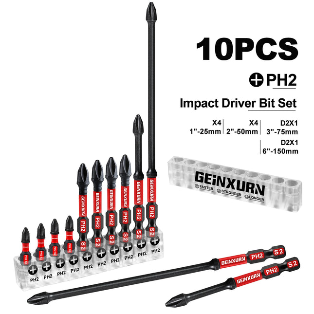 GEINXURN Impact Tough PH2 Magnetic Screwdriver Bit Set – 10 Piece