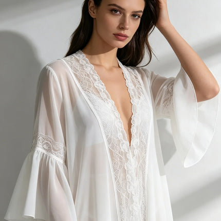 Women's Sheer Chiffon Lace-Trim Robe