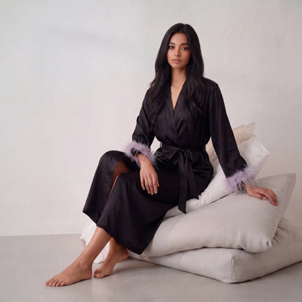 Women’s Feather-Trim V-Neck Robe with Elastic Waist
