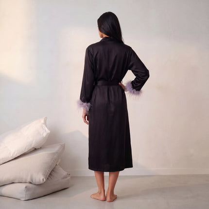Women’s Feather-Trim V-Neck Robe with Elastic Waist
