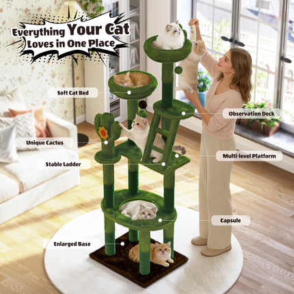 72-Inch Cactus Cat Tree with Capsule & Scratching Posts