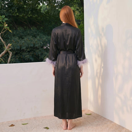 Women’s Feather-Trim V-Neck Long-Sleeve Robe