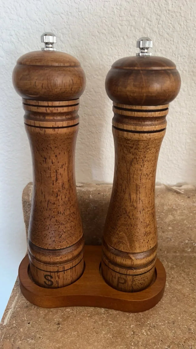 2-Piece Adjustable Wood Pepper Mill Set with Tray