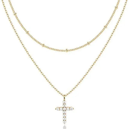 Double-Layer Gold-Tone Zircon Cross Necklace