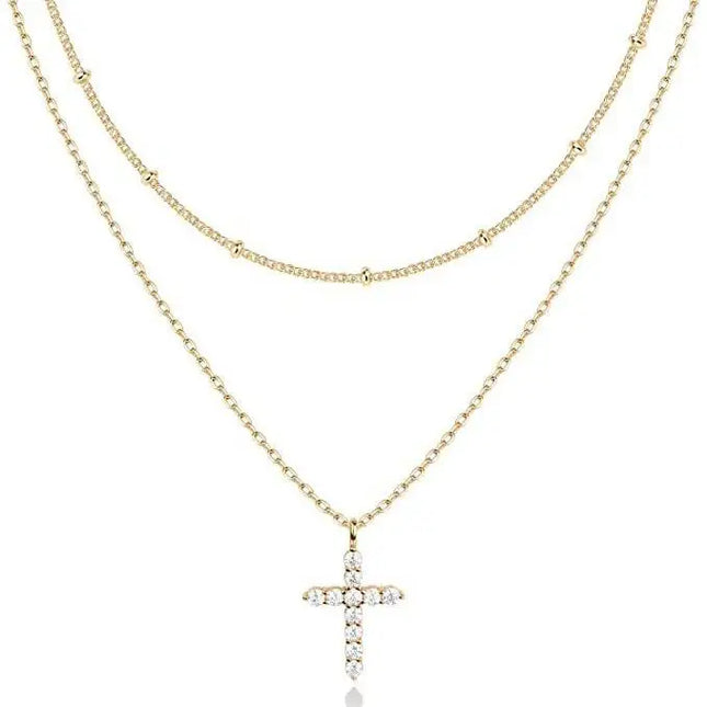 Double-Layer Gold-Tone Zircon Cross Necklace
