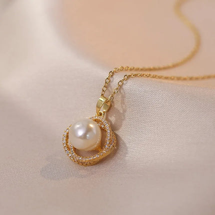 Gold-Tone Stainless Steel Faux Pearl Pendant Necklace