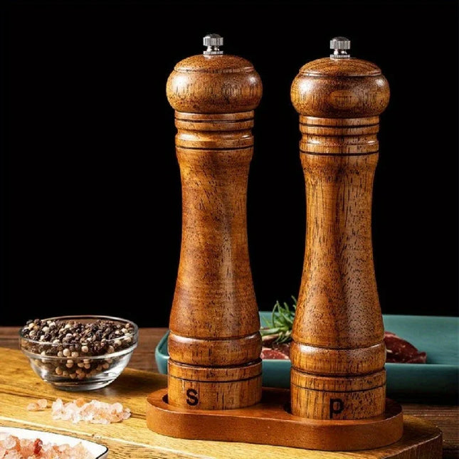 2-Piece Adjustable Wood Pepper Mill Set with Tray