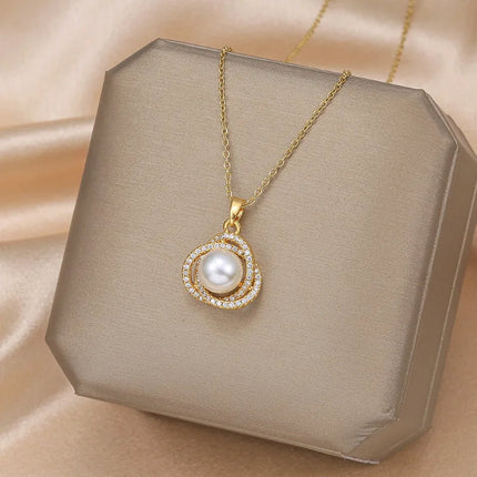 Gold-Tone Stainless Steel Faux Pearl Pendant Necklace