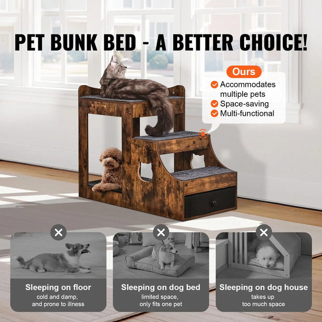 Pet Bunk Bed with Stairs, Storage, and Window Perch