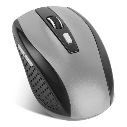 A wireless computer mouse with a gray and black ergonomic design, featuring a textured grip on the side and a silver scroll wheel, shown on a white background.