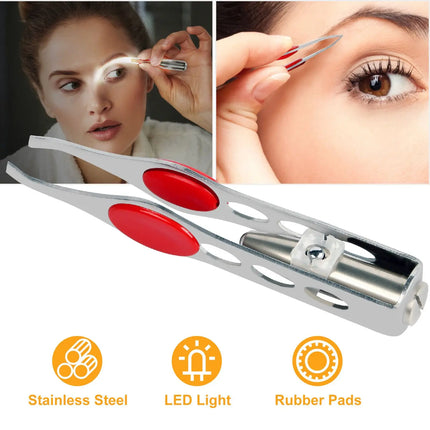 LED-Lighted Stainless Steel Eyebrow Tweezers