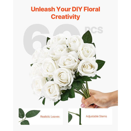 Artificial White Rose Bouquet — 60-Piece Set