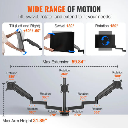 Triple Gas-Spring Monitor Mount for 13–27-Inch Screens