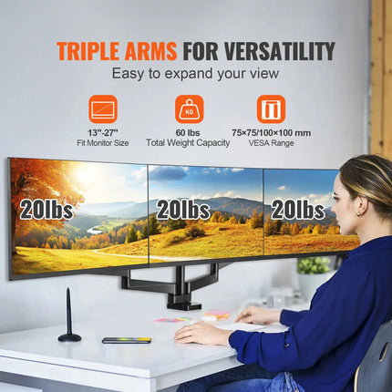 Triple Gas-Spring Monitor Mount for 13–27-Inch Screens