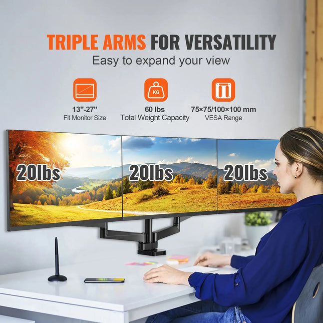 Triple Gas-Spring Monitor Mount for 13–27-Inch Screens