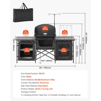 Portable Aluminum Camping Kitchen with 3 Cupboards