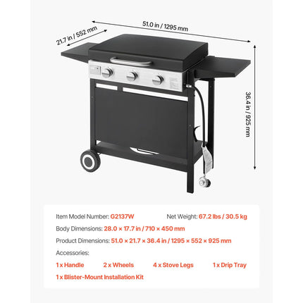 3-Burner Propane Griddle with Lid & Wheels