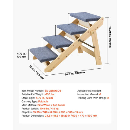 Foldable 4-Step Wooden Pet Stairs – 150 lb Capacity