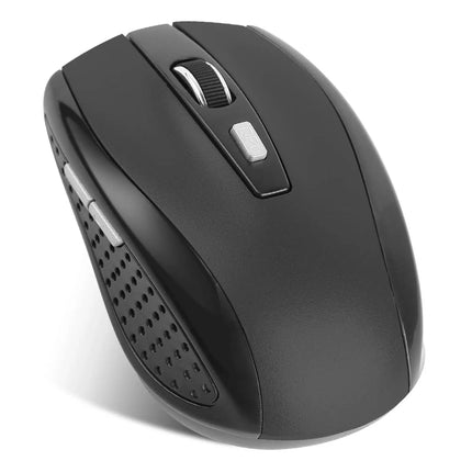 A black wireless computer mouse with a textured grip on the side, featuring a scroll wheel and a silver scroll button, shown on a white background.